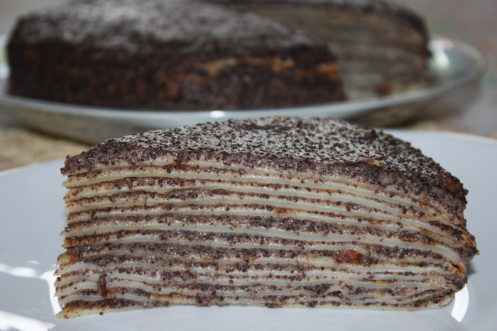 Pancake cake with custard and poppy seeds