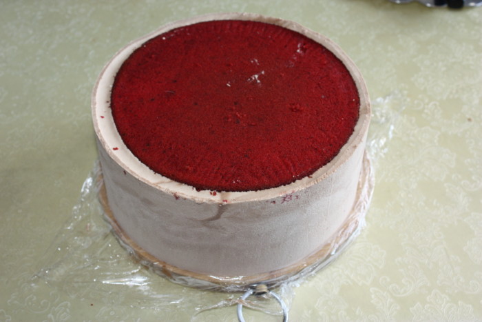 Mousse-biscuit cake with different fillings, covered with velours and glazing