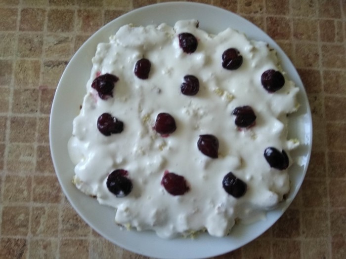 Biscuit cake Count&#39;s ruins with sour cream and cherries - a delicious and delicate dessert